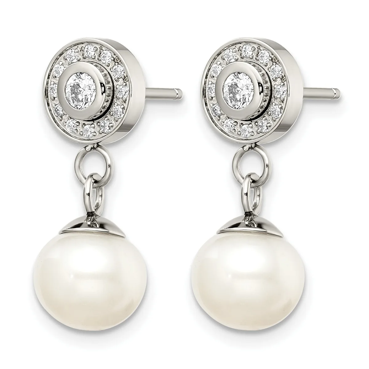 Pair of silver stud earrings with circular diamond halos above small loops suspending round white pearl drops.