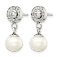 Pair of silver stud earrings with circular diamond halos above small loops suspending round white pearl drops.
