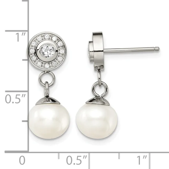 Pair of silver drop earrings with round diamond halos on posts and white pearl pendants, shown front and side view with measurement scale.