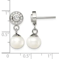 Pair of silver drop earrings with round diamond halos on posts and white pearl pendants, shown front and side view with measurement scale.