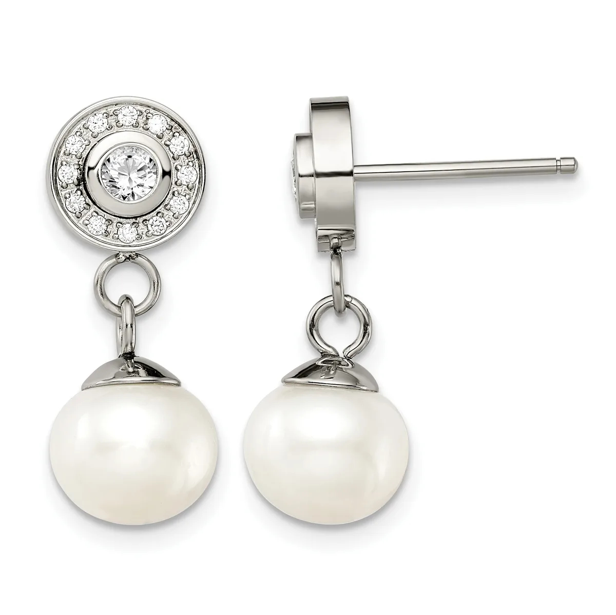 Pair of silver drop earrings with round diamond halos suspended above white pearl drops, shown from front and side views.