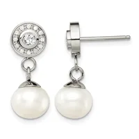 Pair of silver drop earrings with round diamond halos suspended above white pearl drops, shown from front and side views.