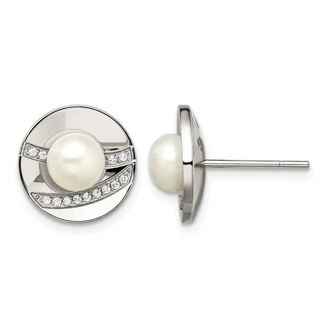 Pair of silver stud earrings featuring white pearls surrounded by circular bezels with diamond accents and a curved sweeping design, shown from front and side views.
