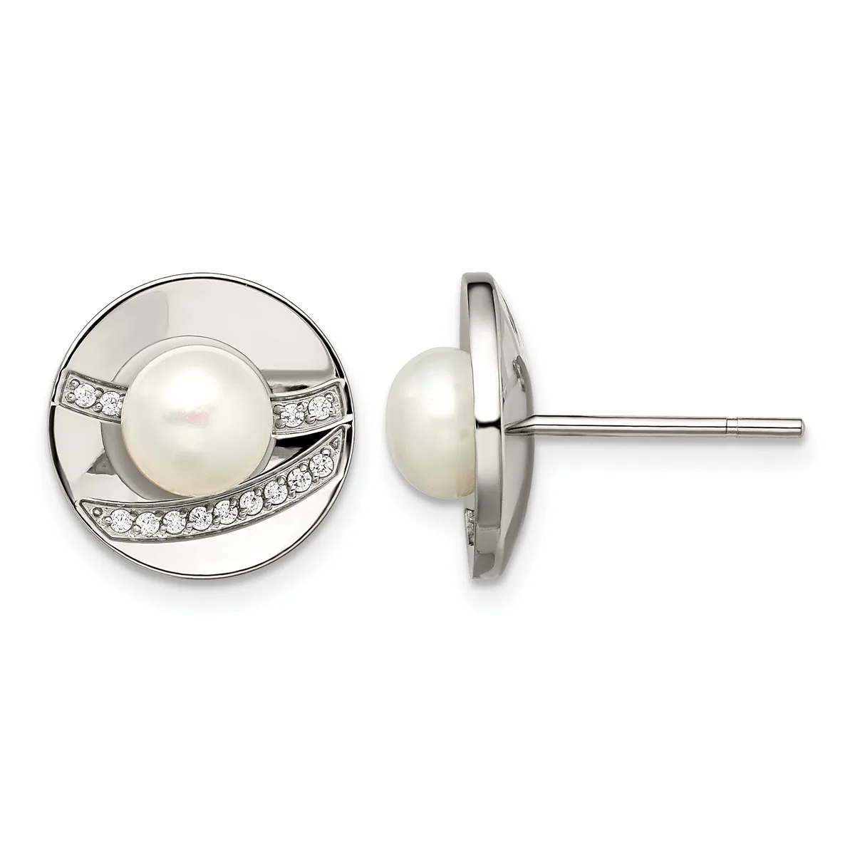 Pair of silver stud earrings featuring white pearls surrounded by circular bezels with diamond accents and a curved sweeping design, shown from front and side views.