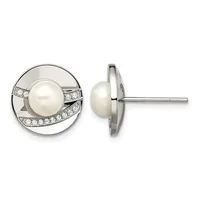 Pair of silver stud earrings featuring white pearls surrounded by circular bezels with diamond accents and a curved sweeping design, shown from front and side views.