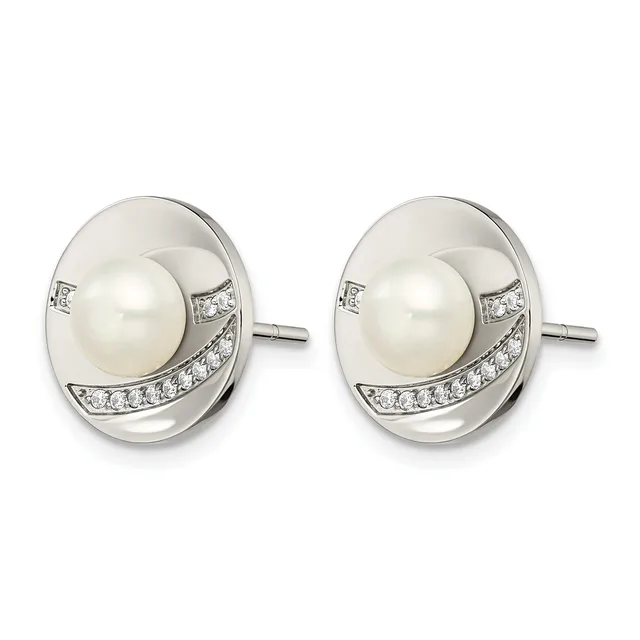A pair of silver stud earrings featuring white pearls surrounded by curved silver settings accented with small diamonds arranged in a crescent pattern along the lower edge.