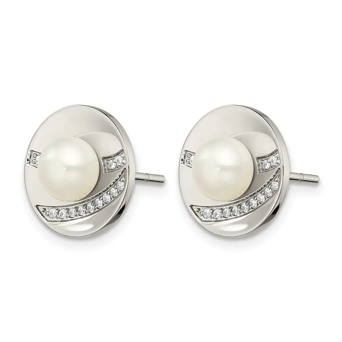 A pair of silver stud earrings featuring white pearls surrounded by curved silver settings accented with small diamonds arranged in a crescent pattern along the lower edge.