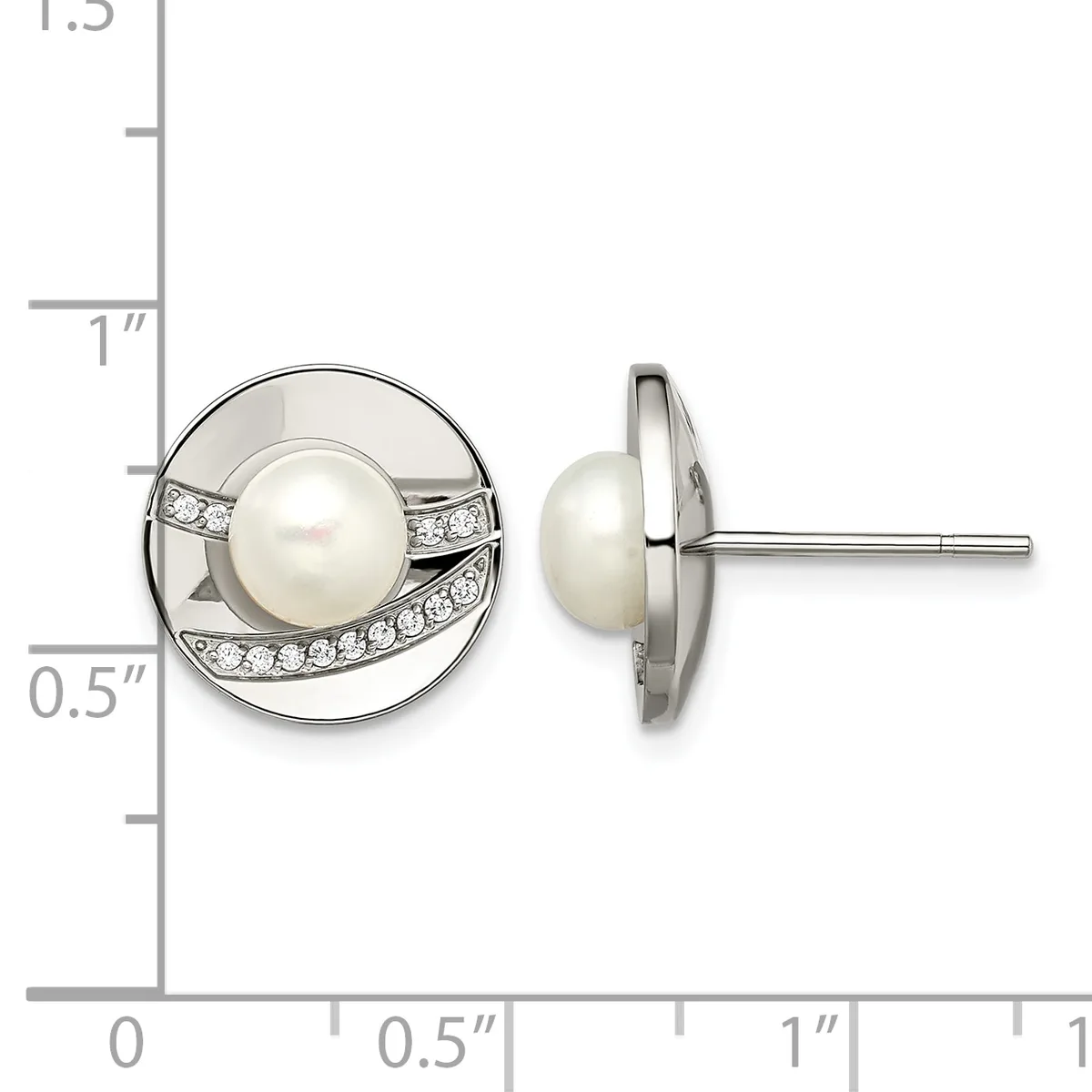 Pair of silver stud earrings featuring white pearl centers surrounded by diamond accents in circular settings, shown front and side view against a measurement scale.