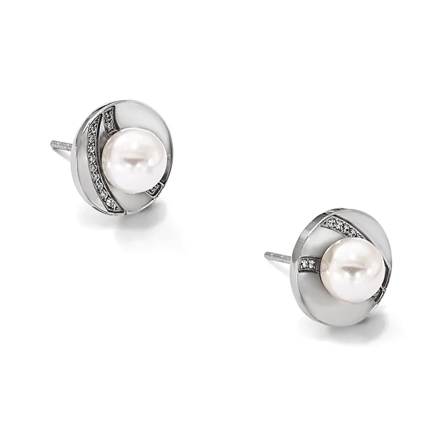 Pair of silver stud earrings with white pearl centers surrounded by polished silver discs and diagonal diamond accents on posts.