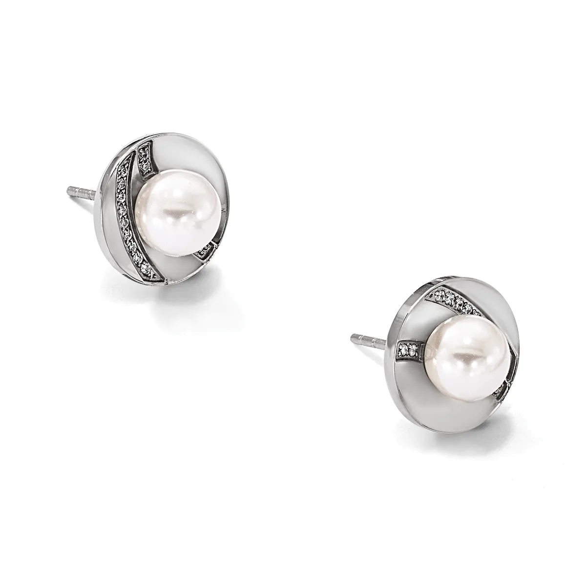Pair of silver stud earrings with white pearl centers surrounded by polished silver discs and diagonal diamond accents on posts.
