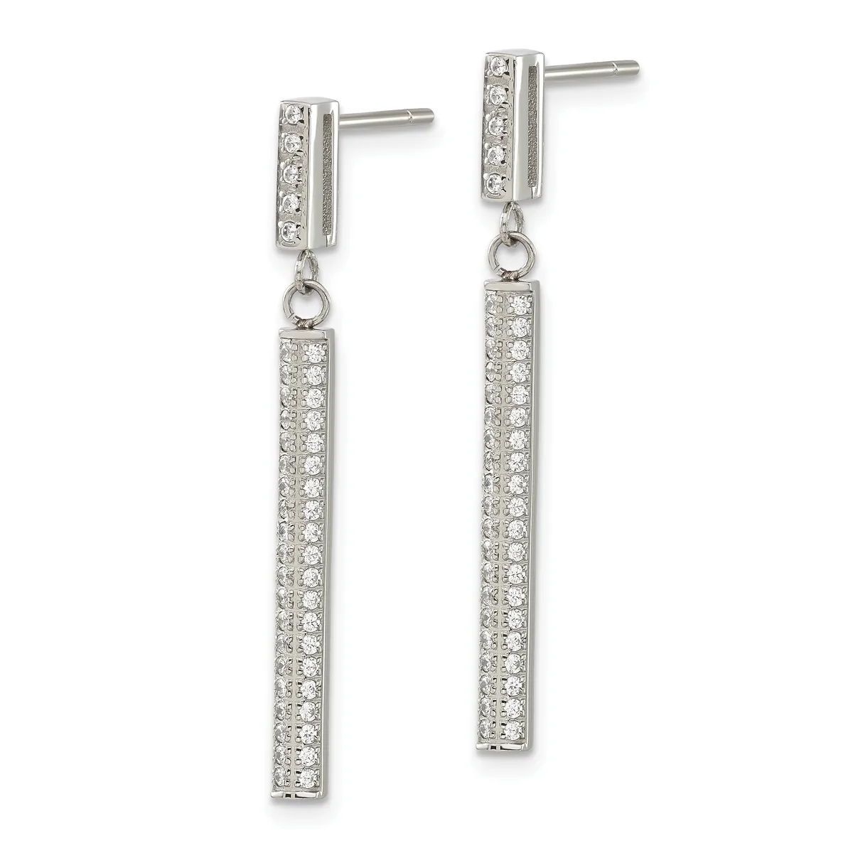 A pair of silver drop earrings with rectangular posts topped by small diamond-studded bars, each suspending a longer rectangular bar completely paved with round diamonds.