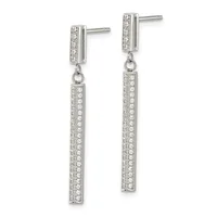 A pair of silver drop earrings with rectangular posts topped by small diamond-studded bars, each suspending a longer rectangular bar completely paved with round diamonds.