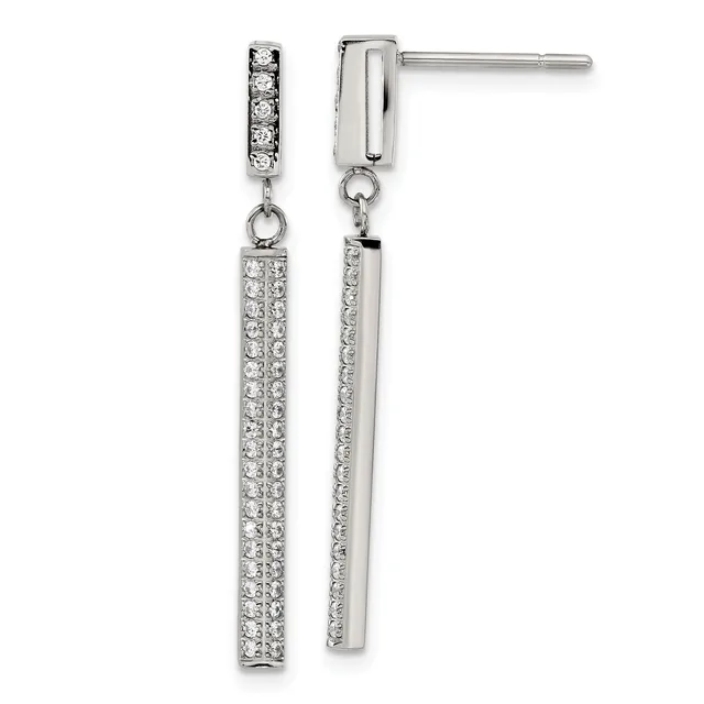 A pair of silver drop earrings with diamond-studded rectangular bars suspended from small diamond-set posts, displayed against a white background.