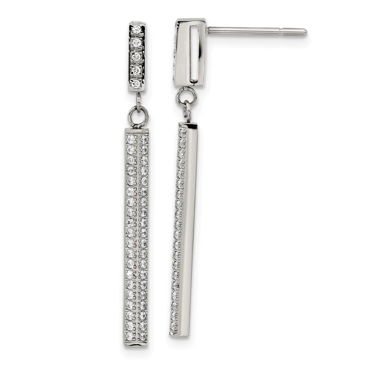 A pair of silver drop earrings with diamond-studded rectangular bars suspended from small diamond-set posts, displayed against a white background.
