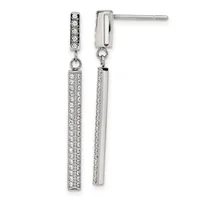 A pair of silver drop earrings with diamond-studded rectangular bars suspended from small diamond-set posts, displayed against a white background.