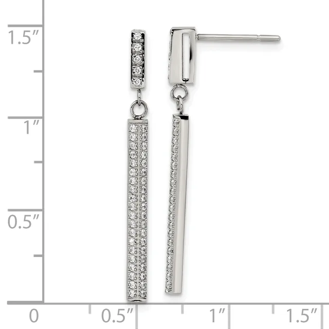 Pair of silver dangle earrings with crystal-studded rectangular bars suspended from small crystal-set posts, displayed on a measurement scale showing approximately 1.25 inches in length.