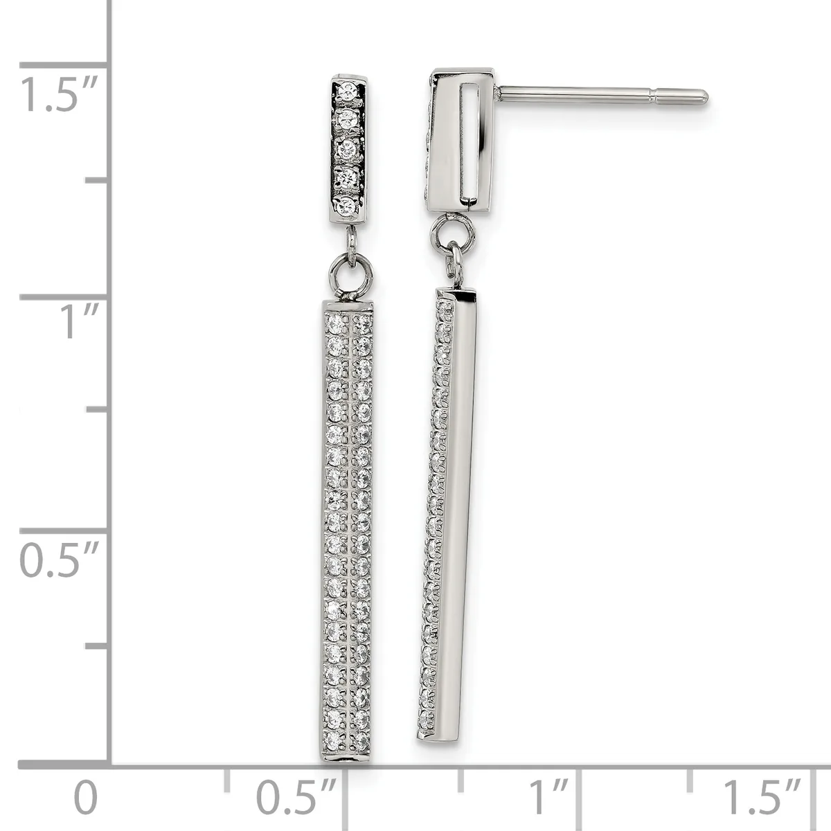 Pair of silver dangle earrings with crystal-studded rectangular bars suspended from small crystal-set posts, displayed on a measurement scale showing approximately 1.25 inches in length.