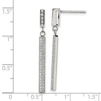 Pair of silver dangle earrings with crystal-studded rectangular bars suspended from small crystal-set posts, displayed on a measurement scale showing approximately 1.25 inches in length.