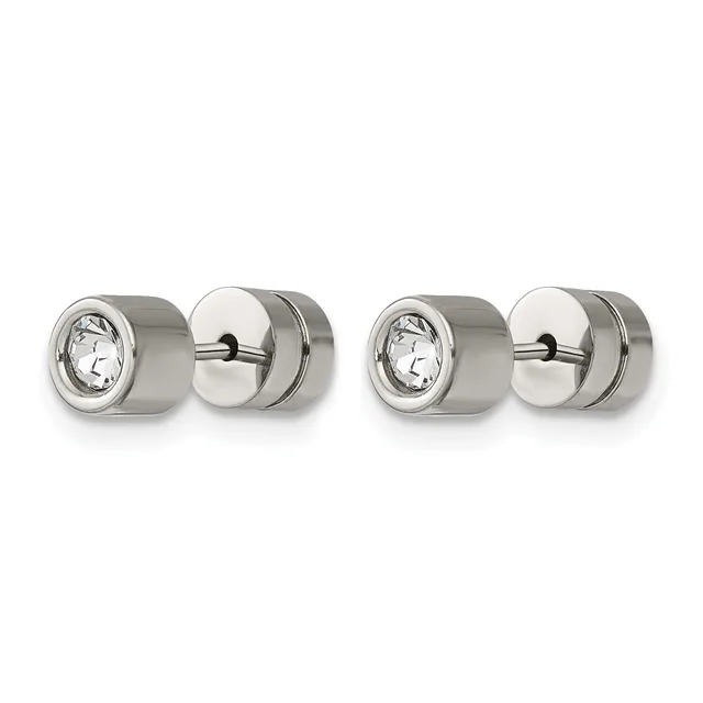 Pair of stainless steel round cufflinks with bezel-set clear crystal stones, shown from front and back views.