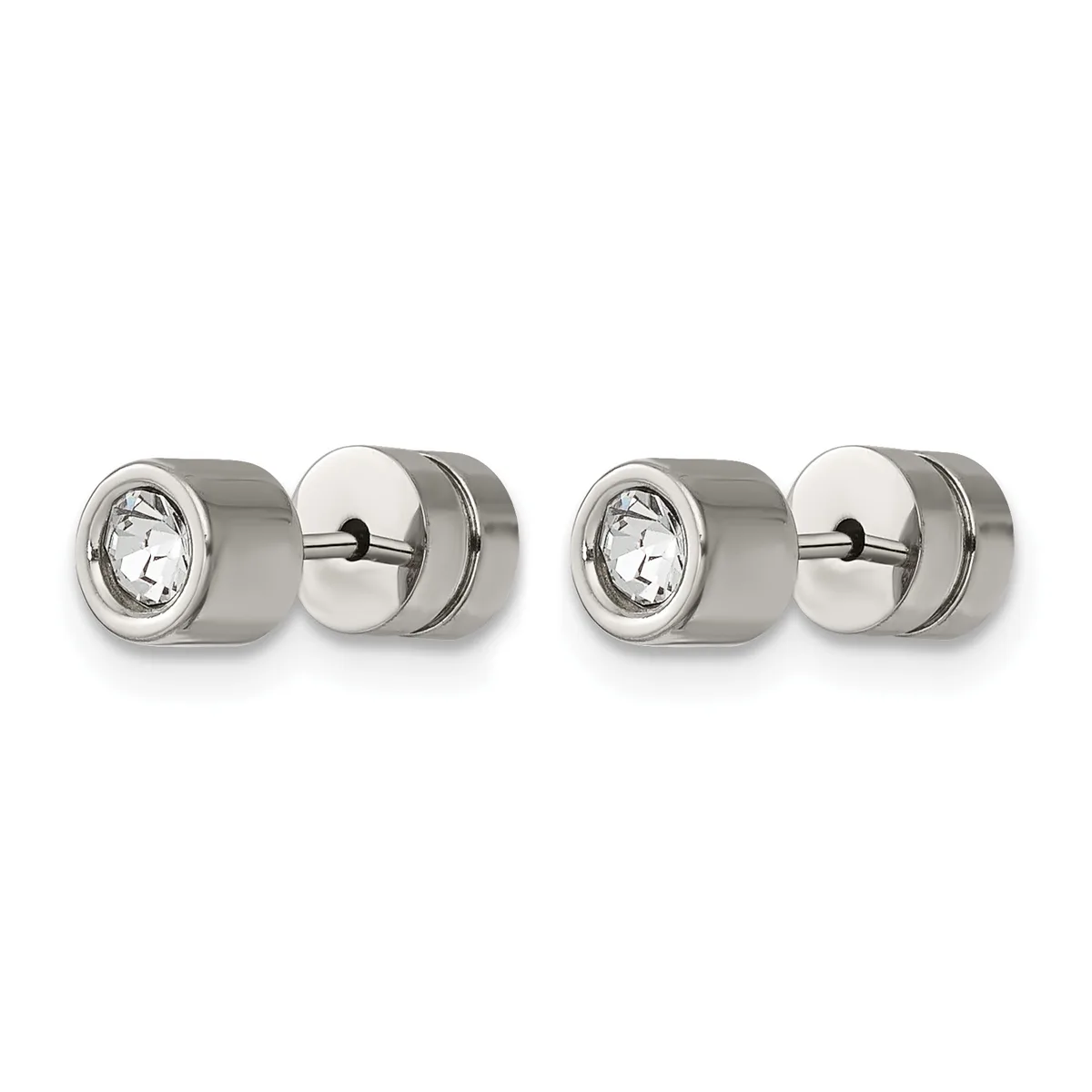 Pair of stainless steel round cufflinks with bezel-set clear crystal stones, shown from front and back views.