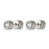 Pair of stainless steel round cufflinks with bezel-set clear crystal stones, shown from front and back views.