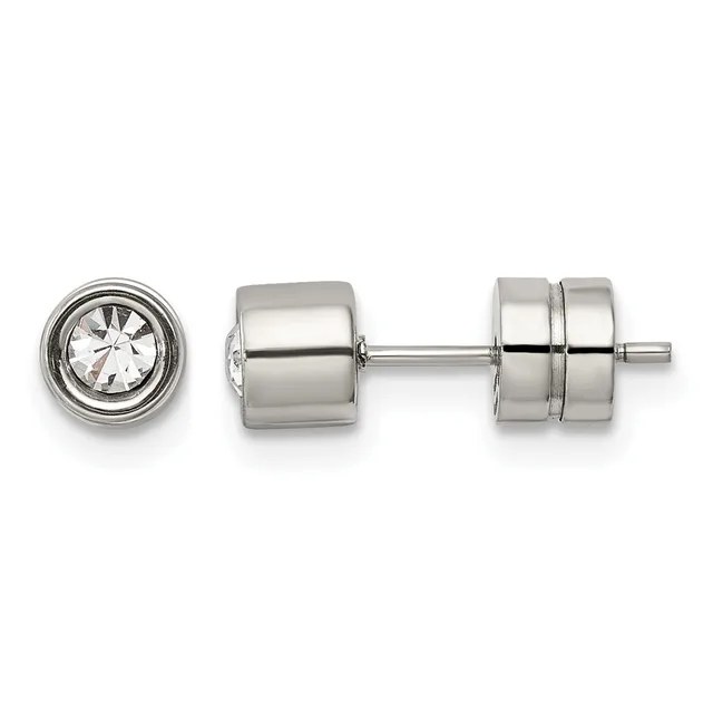 Pair of silver stud earrings with round bezels containing clear faceted stones, shown from front and side views with connecting post and backing visible.