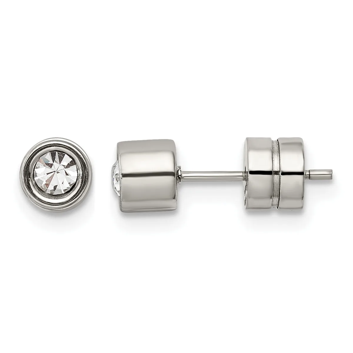 Pair of silver stud earrings with round bezels containing clear faceted stones, shown from front and side views with connecting post and backing visible.