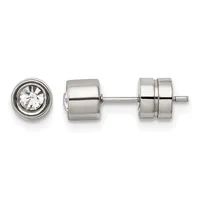 Pair of silver stud earrings with round bezels containing clear faceted stones, shown from front and side views with connecting post and backing visible.
