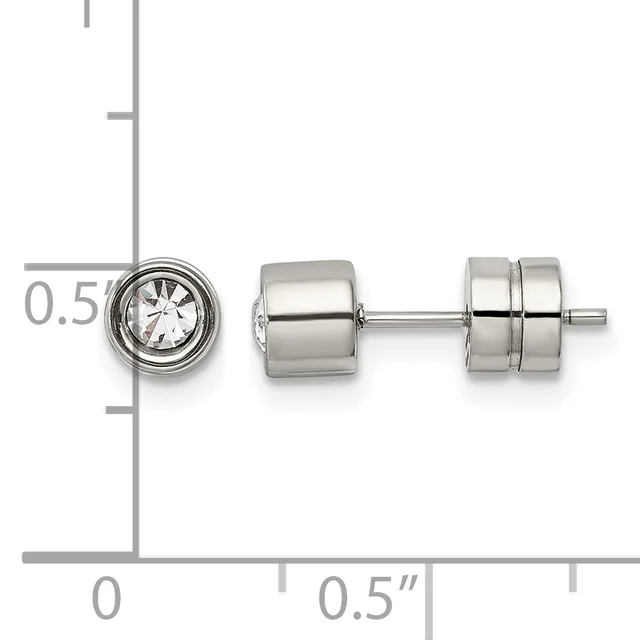 Stainless steel stud earrings with round bezels containing clear round stones, shown next to a ruler displaying their approximately 0.5-inch size.