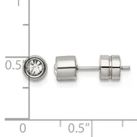 Stainless steel stud earrings with round bezels containing clear round stones, shown next to a ruler displaying their approximately 0.5-inch size.