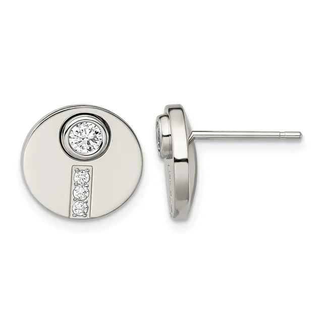 Pair of silver stud earrings featuring circular discs with bezel-set round diamonds on top and three smaller diamonds arranged vertically below, shown from front and side views.