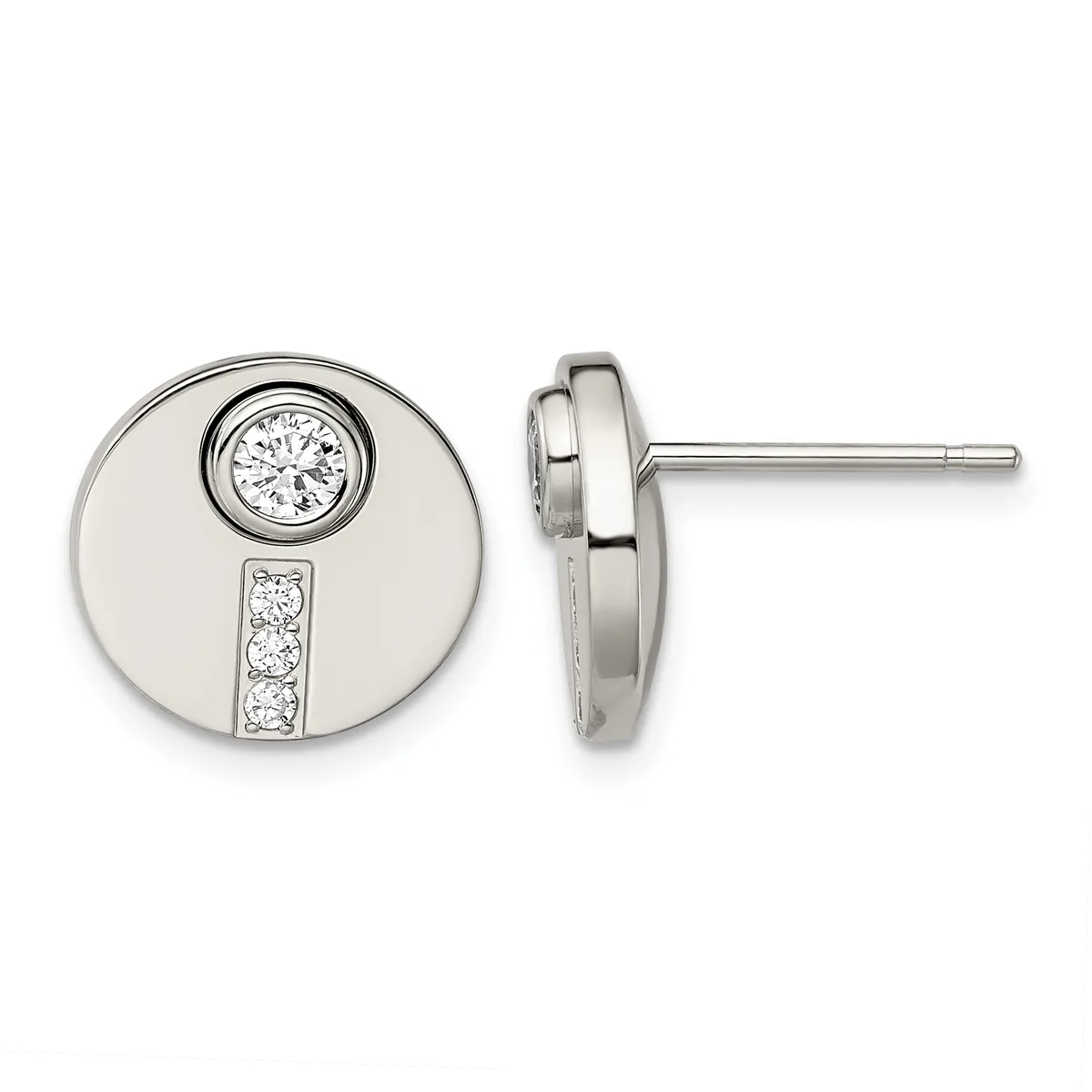 Pair of silver stud earrings featuring circular discs with bezel-set round diamonds on top and three smaller diamonds arranged vertically below, shown from front and side views.