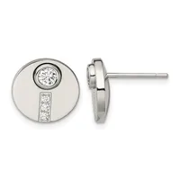 Pair of silver stud earrings featuring circular discs with bezel-set round diamonds on top and three smaller diamonds arranged vertically below, shown from front and side views.