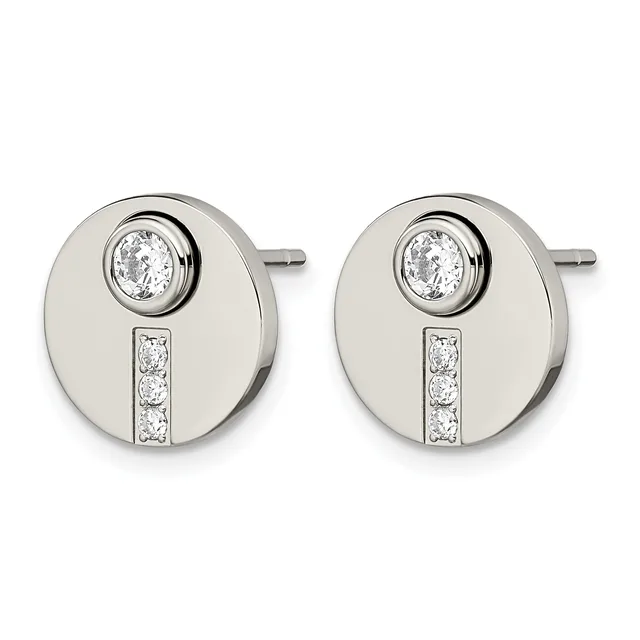 A pair of silver stud earrings featuring circular discs with a round diamond at the top and a vertical rectangular channel set with smaller diamonds below.
