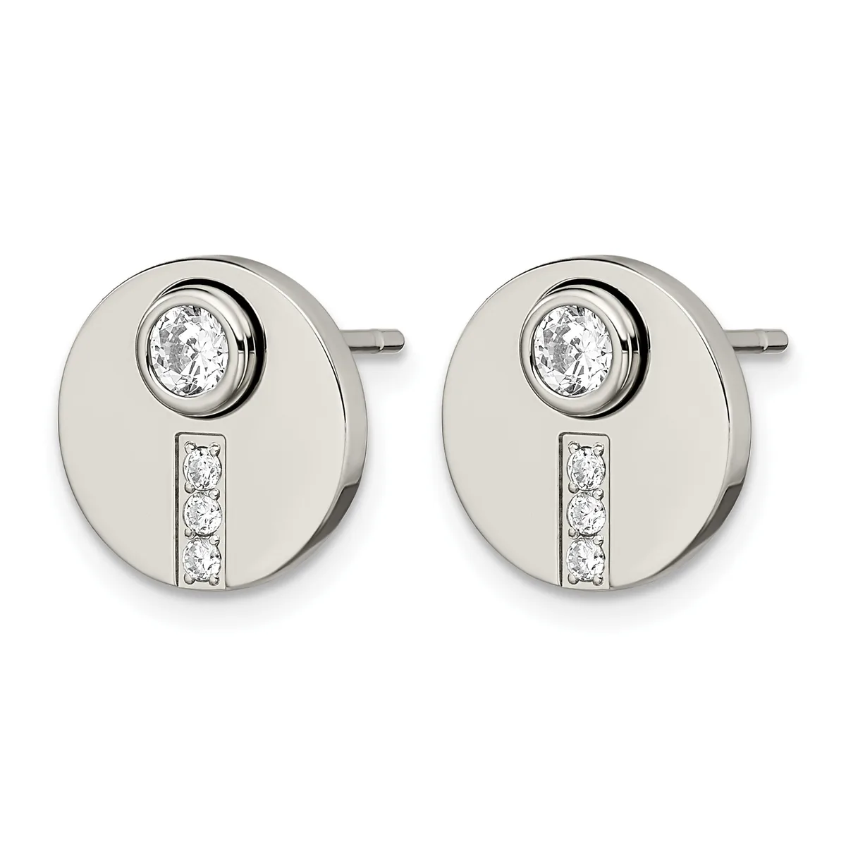 A pair of silver stud earrings featuring circular discs with a round diamond at the top and a vertical rectangular channel set with smaller diamonds below.