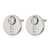 A pair of silver stud earrings featuring circular discs with a round diamond at the top and a vertical rectangular channel set with smaller diamonds below.