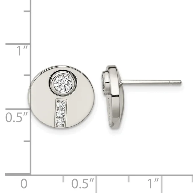 Stainless steel stud earrings with round polished discs featuring a bezel-set diamond at top and three smaller diamonds vertically aligned below, shown with measurement scale.