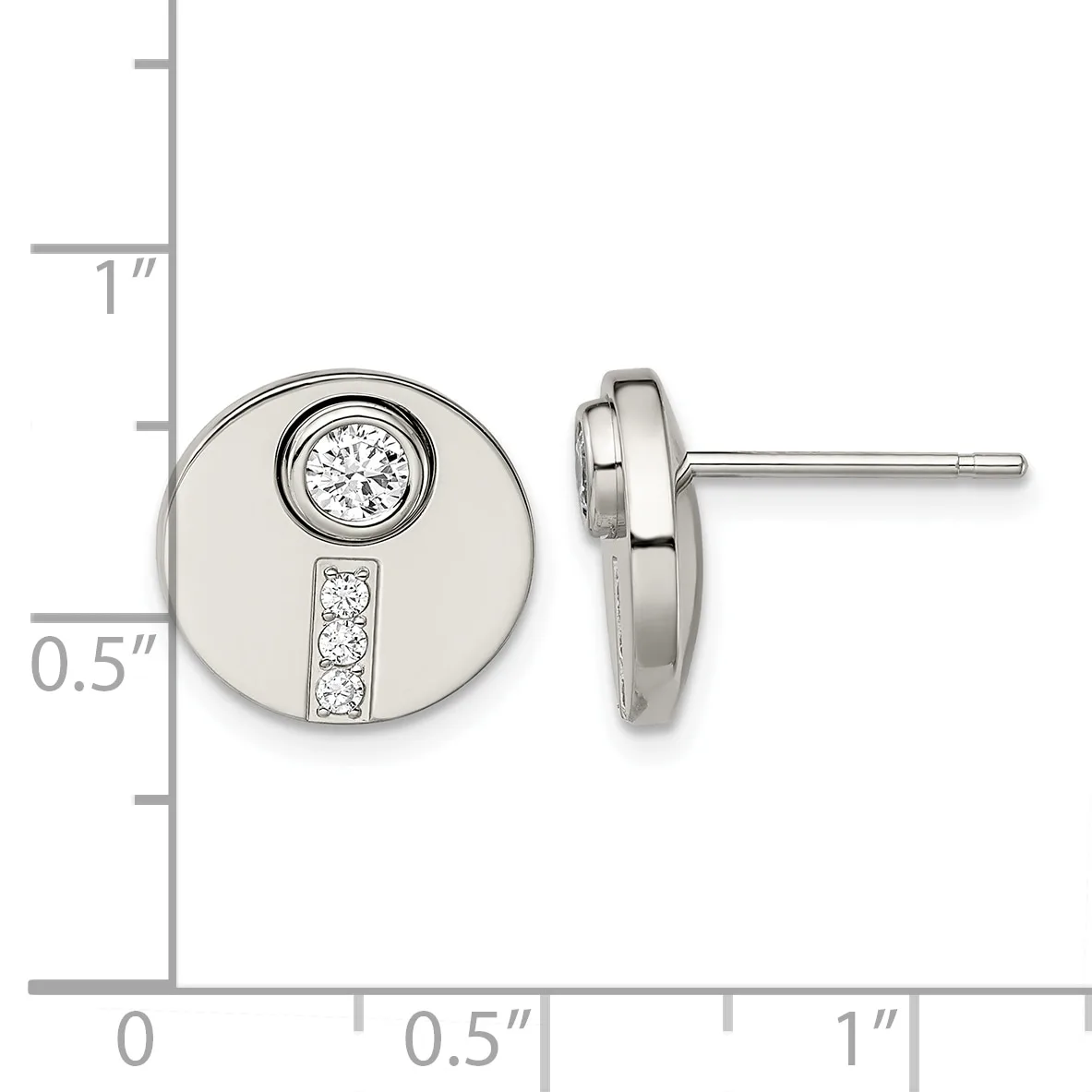 Stainless steel stud earrings with round polished discs featuring a bezel-set diamond at top and three smaller diamonds vertically aligned below, shown with measurement scale.