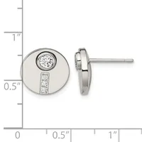 Stainless steel stud earrings with round polished discs featuring a bezel-set diamond at top and three smaller diamonds vertically aligned below, shown with measurement scale.