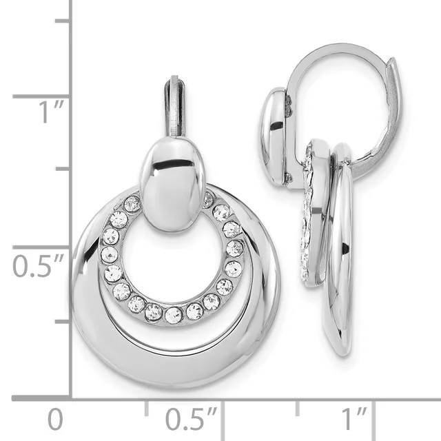 Pair of polished silver-tone hinged hoop earrings with circular crystal accents arranged around the inner edge, shown from front and side views with a measurement scale.