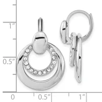 Pair of polished silver-tone hinged hoop earrings with circular crystal accents arranged around the inner edge, shown from front and side views with a measurement scale.