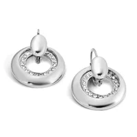 A pair of polished silver-tone drop earrings with oval tops and circular bottoms accented with rhinestones around the inner rings.
