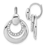 Pair of silver-tone hoop earrings with crystal rhinestones set in a curved band, shown from front and side views.