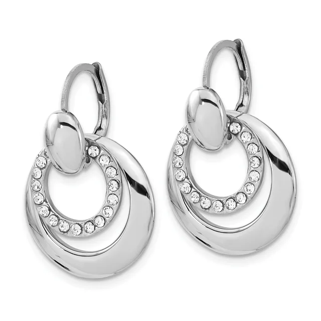 A pair of silver-tone double hoop earrings with rhinestone accents along the inner curved surfaces and polished finishes, shown from the front.