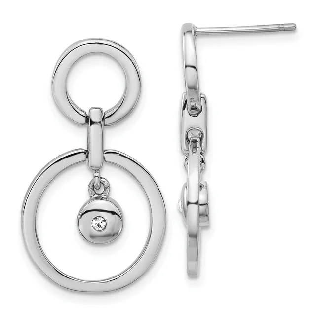 Pair of silver-toned dangle earrings featuring concentric circles with a small sphere pendant containing a crystal, shown from front and side views.