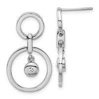 Pair of silver-toned dangle earrings featuring concentric circles with a small sphere pendant containing a crystal, shown from front and side views.