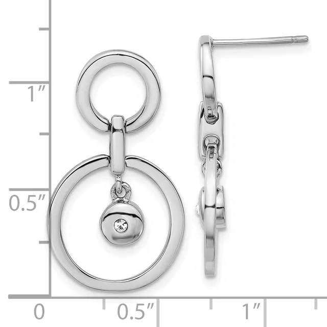 Silver-toned dangle earrings featuring two concentric circles connected by a short chain, with a small round crystal-set charm suspended from the innermost circle, shown front and side view with measurement scale.