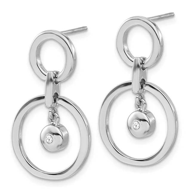 A pair of silver-toned drop earrings featuring concentric oval rings with small spheres set with diamonds suspended from post backs.