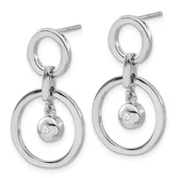 A pair of silver-toned drop earrings featuring concentric oval rings with small spheres set with diamonds suspended from post backs.