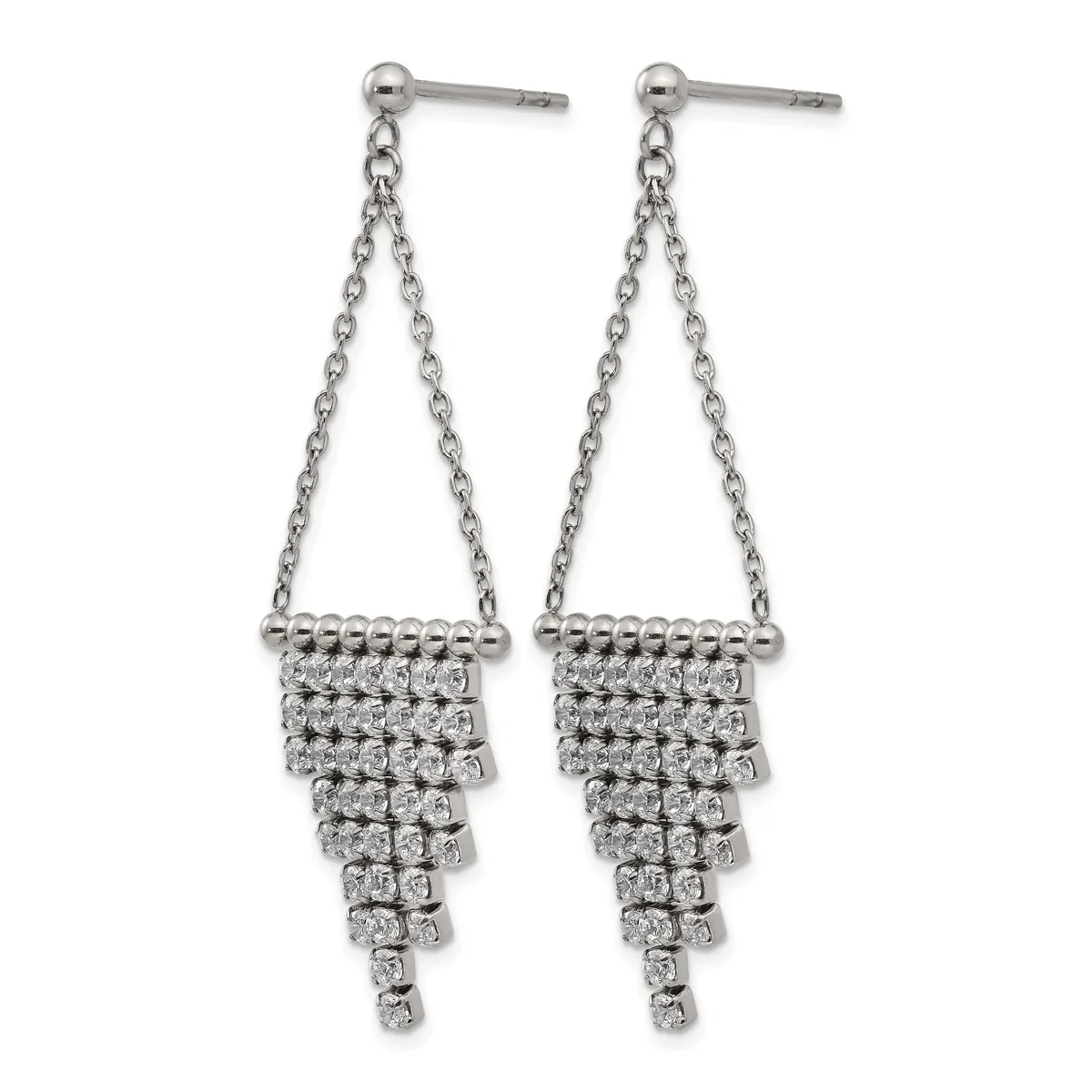 Pair of silver-tone chandelier earrings with chain details and cascading cubic zirconia or crystal stone accents, shown against a white background.